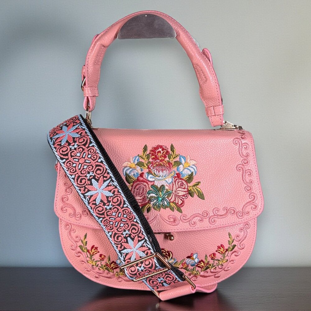 Sharif Legacy Leather Embroidered Shoulder Crossbody Saddle Bag - Sample Bag